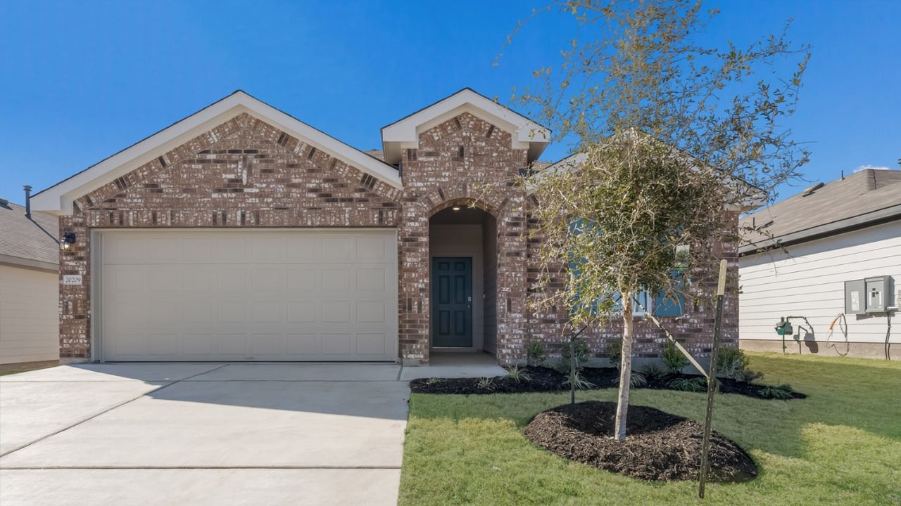 Brick home with a two-car garage, arched entry, and young tree in the front lawn.