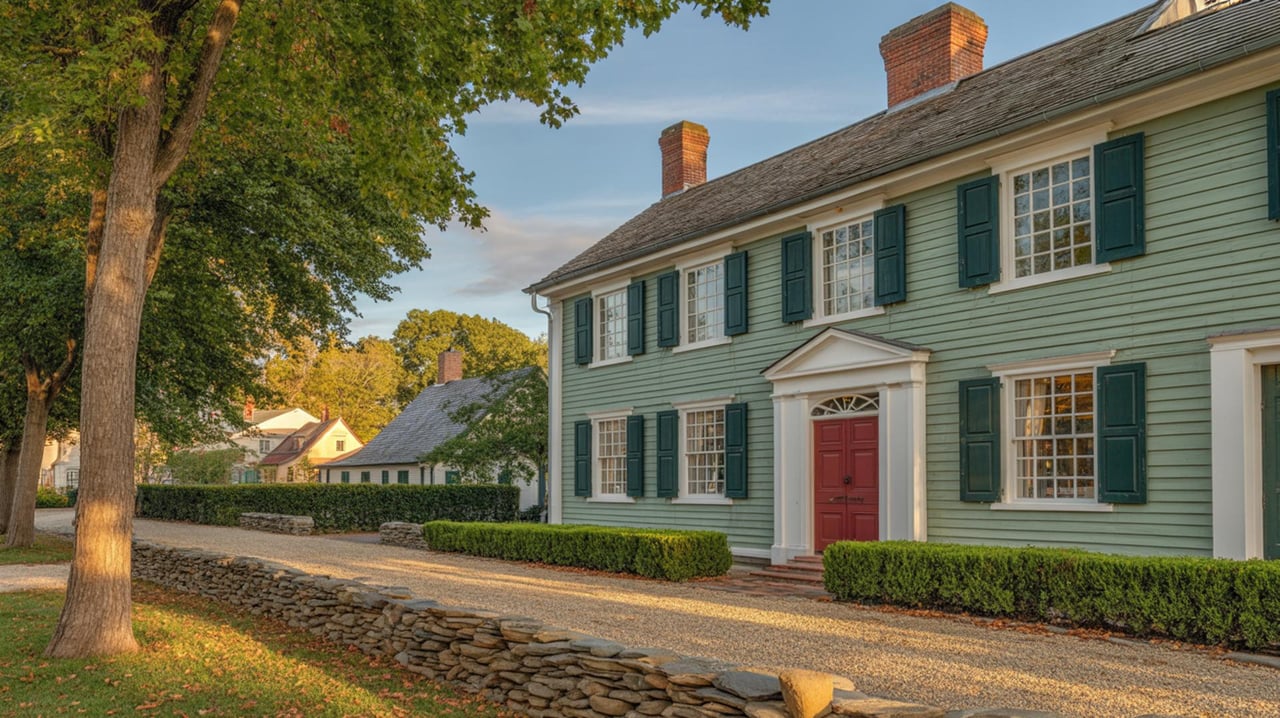 Long pale green colonial house with dark green shutters and a red door beside a stone wall.