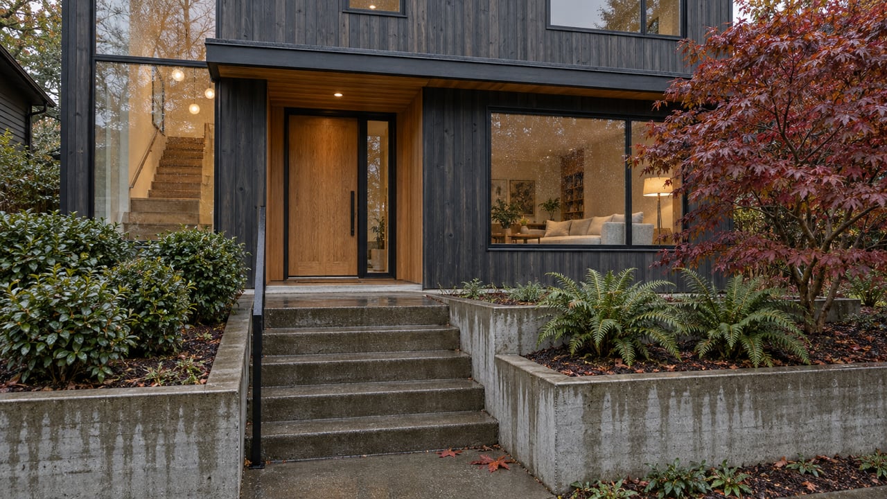 Contemporary charcoal-clad home with a sheltered wood entry, rain-darkened concrete steps and a burgundy maple in a terraced garden.