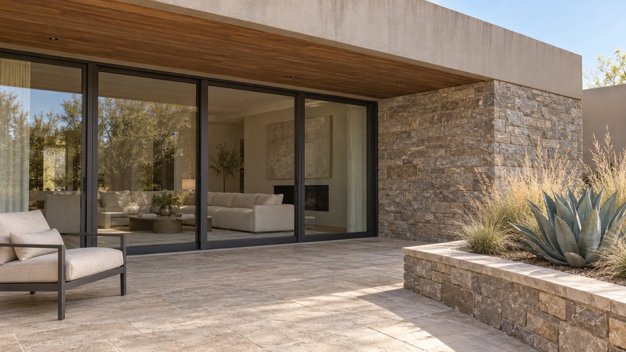 Covered terrace with limestone paving, dark-framed glass doors, warm stone masonry and a raised planter containing a blue-gray agave and two ornamental grass clumps.
