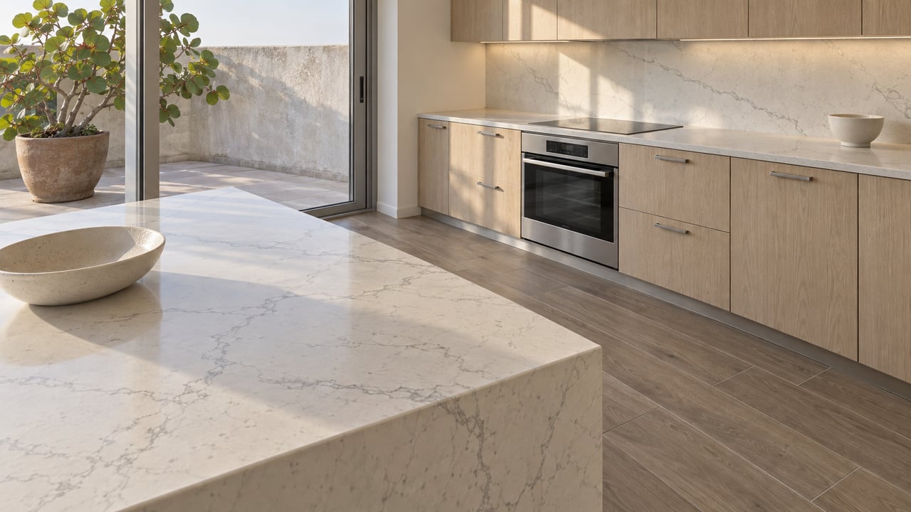 Close view of a white stone waterfall kitchen island, pale oak cabinetry and a glazed terrace with a potted sea grape tree.