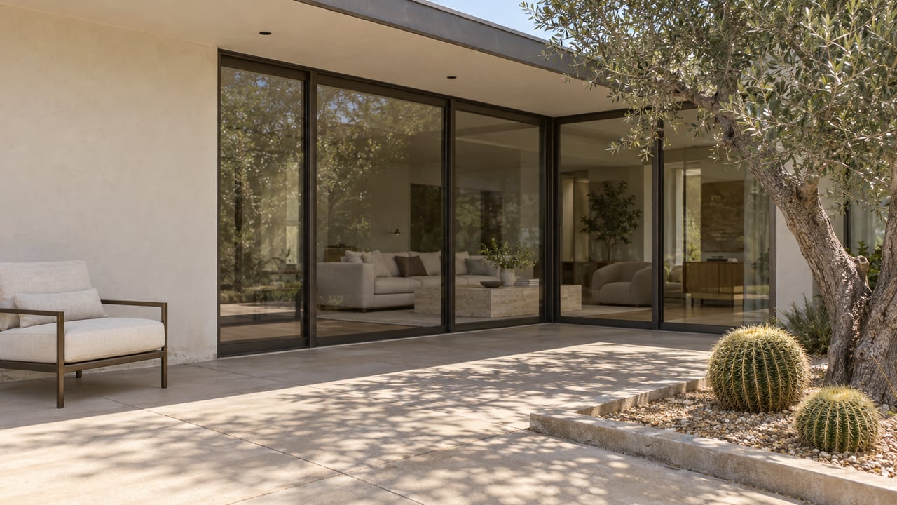 Cream stucco home with closed bronze-framed glazing, sand-colored courtyard paving and a sculptural olive tree beside two barrel cacti.