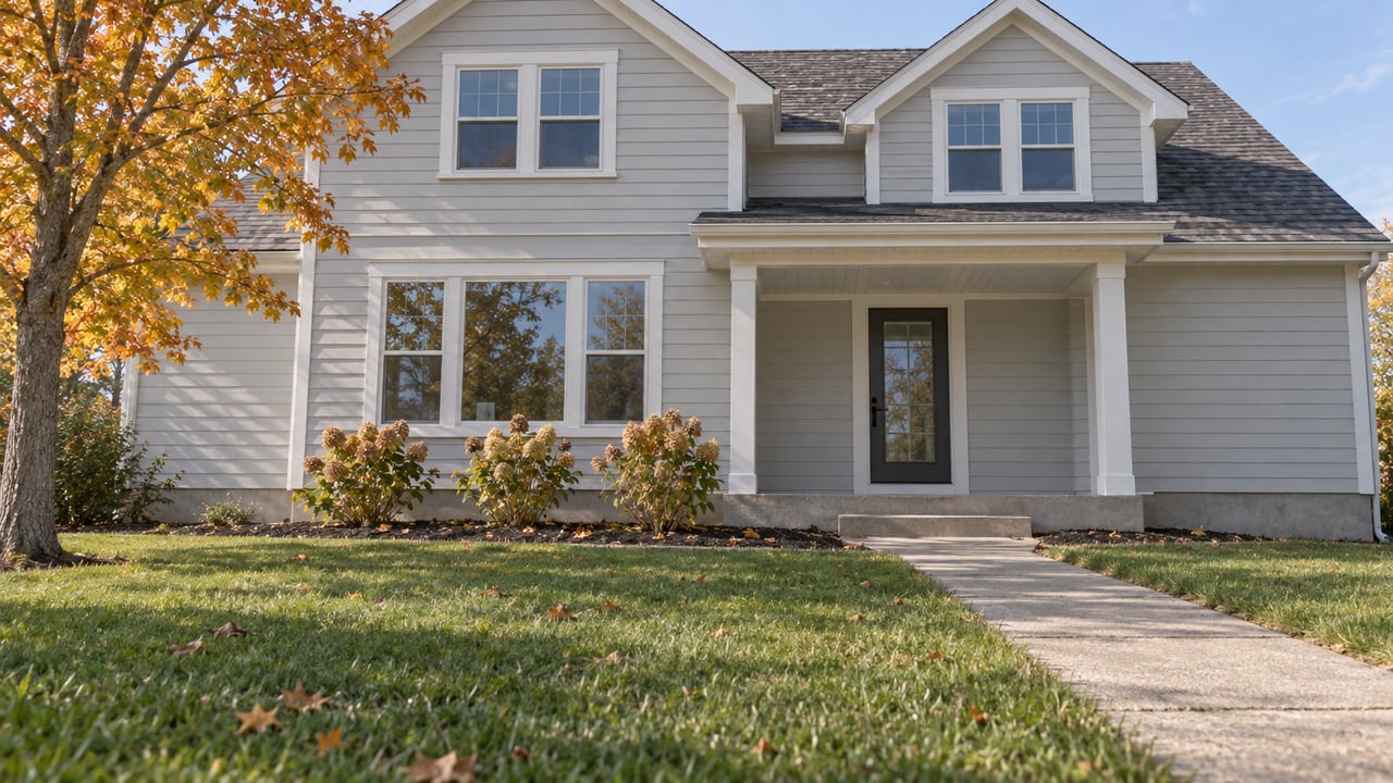 Light gray gabled home beyond a deep autumn lawn, with a concrete approach, white porch posts and dried hydrangea flowers.