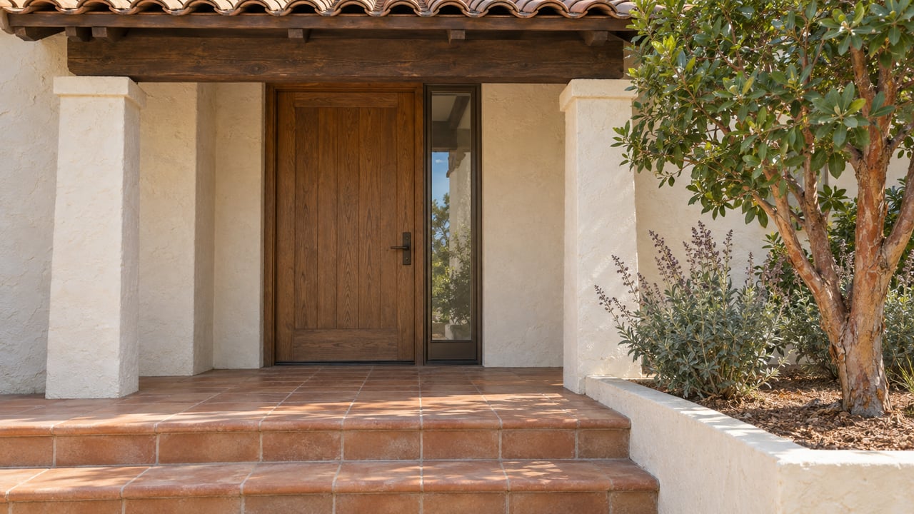 Recessed oak front door beneath a tiled porch, with terracotta steps and a mature strawberry tree.