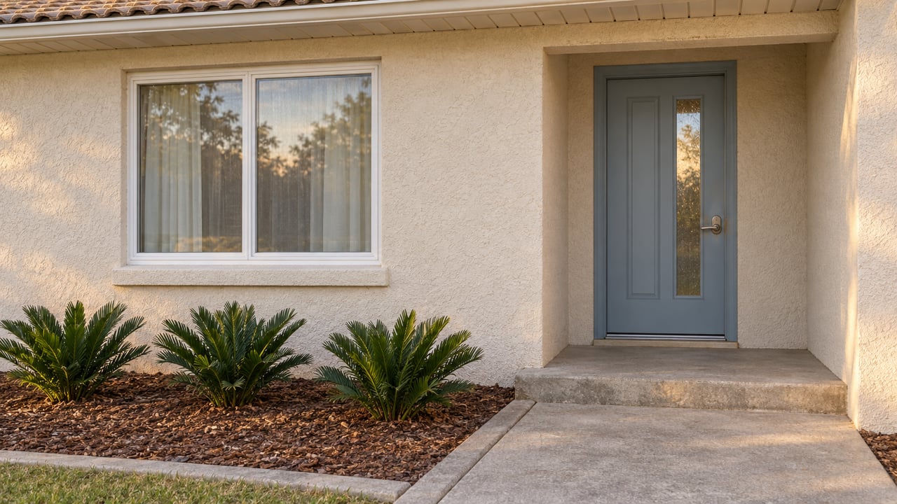 Cream stucco home entrance with a pale blue-gray door, white-framed window, concrete porch step and three low coontie plants.