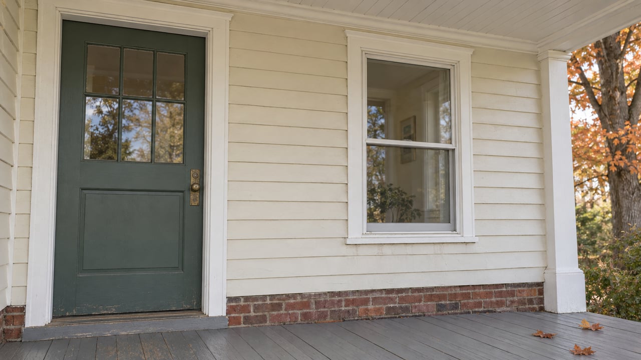 A sheltered clapboard home entry with a green glazed door, white-framed window, weathered porch boards and autumn maple leaves.
