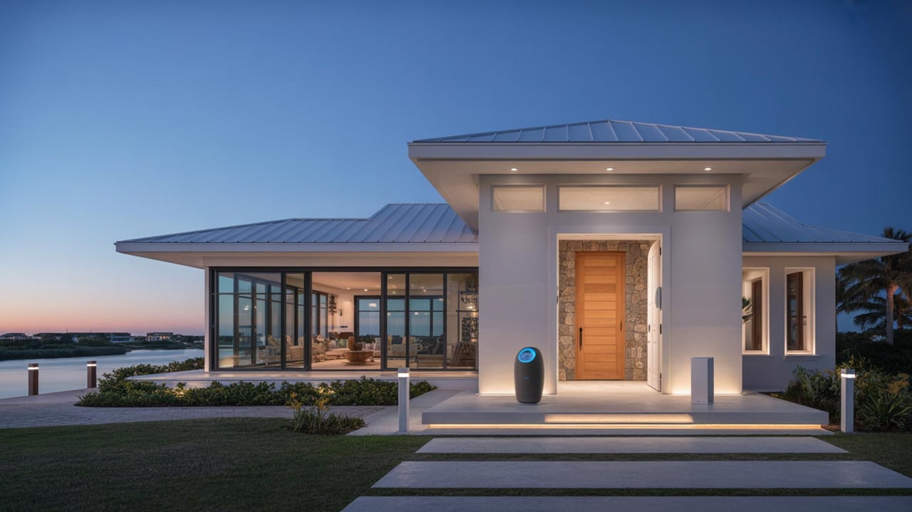 Modern single-story house with a wood front door, broad glass windows, and a lit entry at dusk.