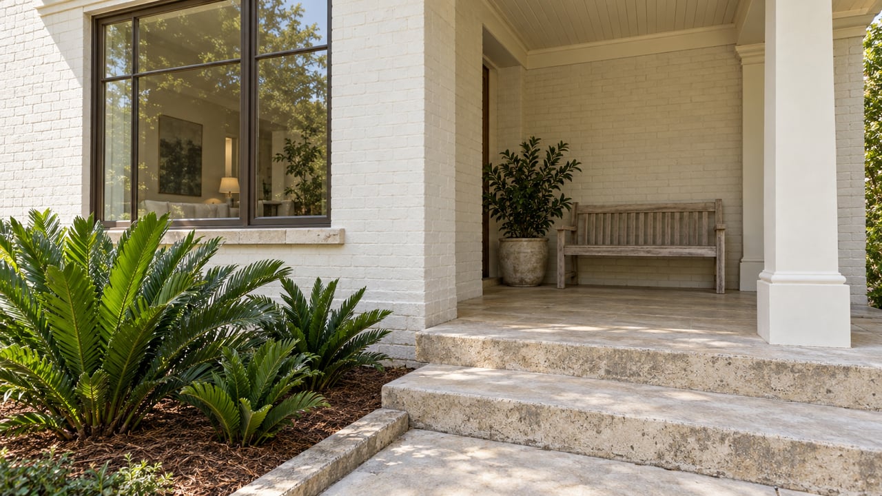 Pale painted-brick home with a shaded timber porch, bronze-framed window, limestone steps and three coontie plants.