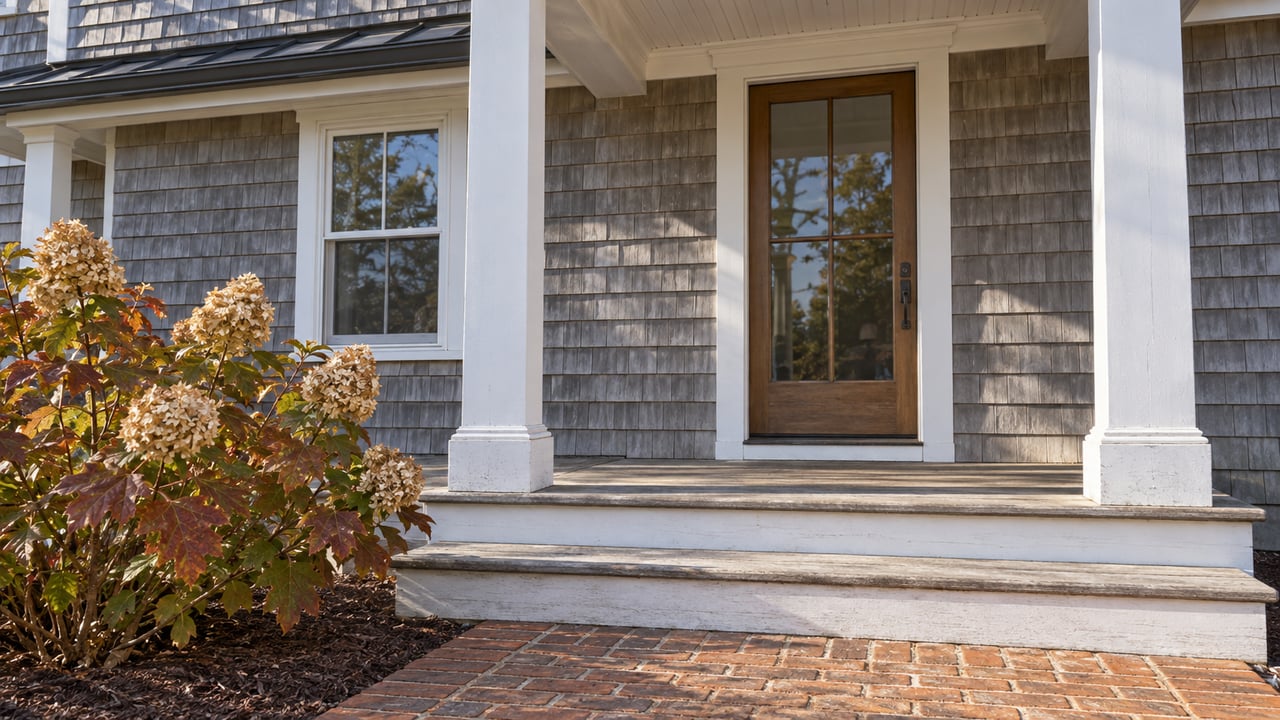 Sunlit cedar-shingle house entry with white porch posts, weathered timber steps, a brick walk and autumn oakleaf hydrangea.
