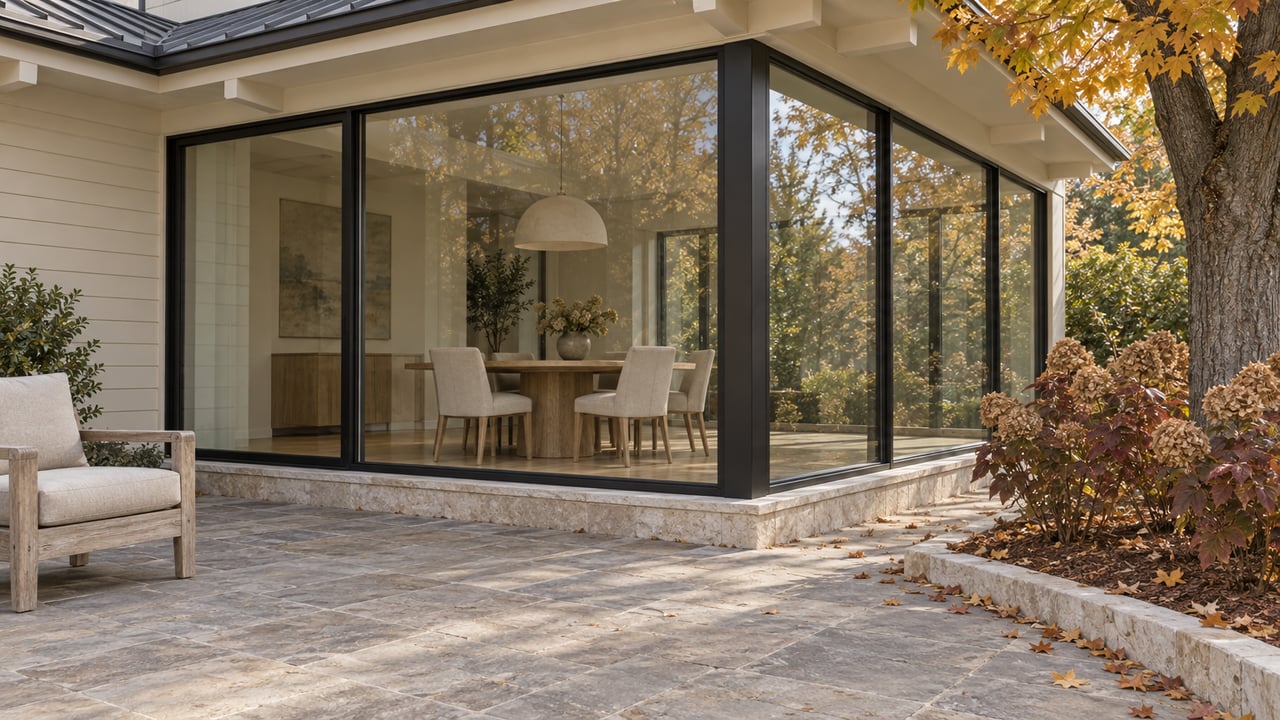 Autumn light on a stone terrace beside a cream-sided home with black-framed dining-room windows and copper-colored maple leaves.