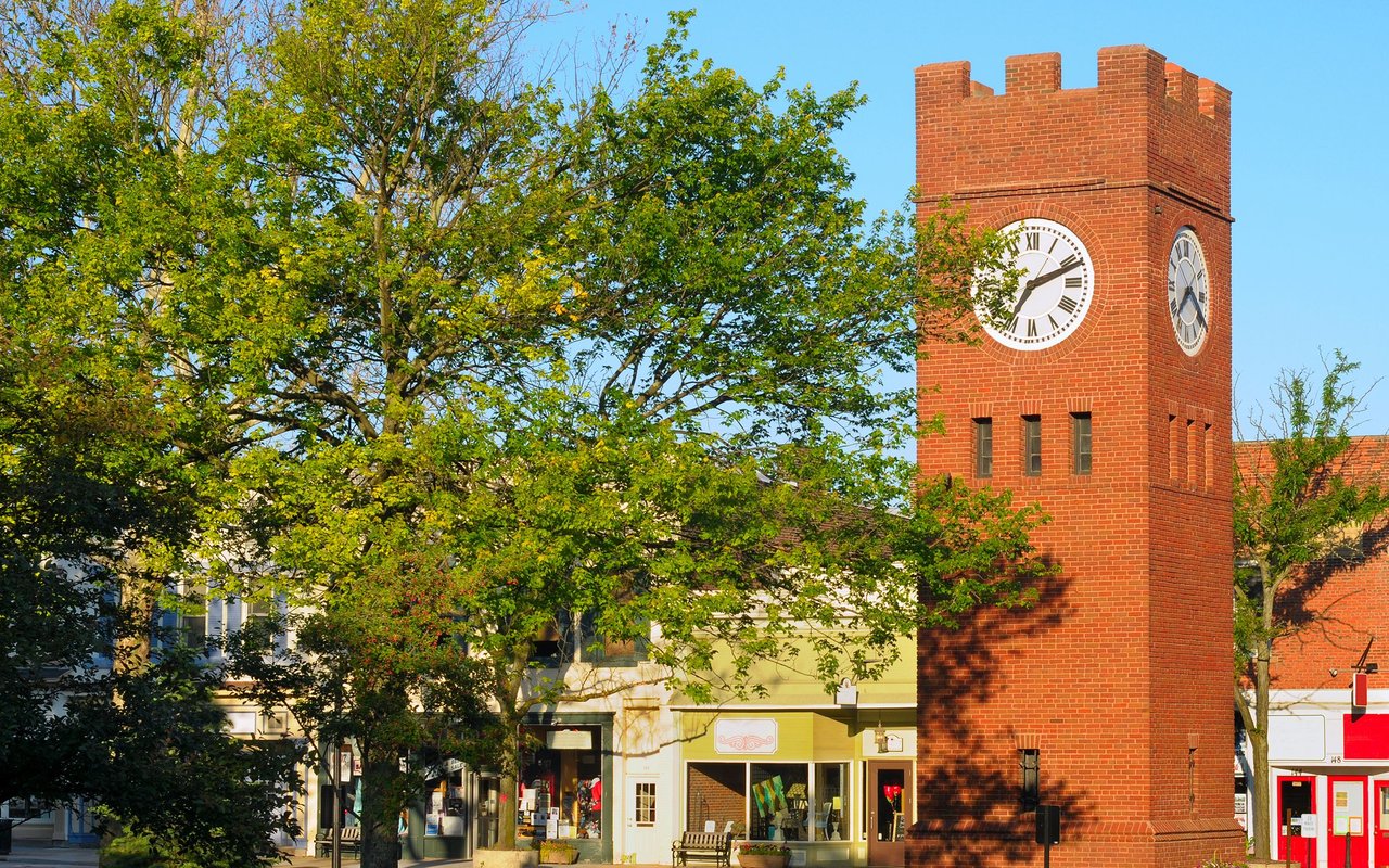 Hudson downtown clock tower above storefronts and leafy trees.