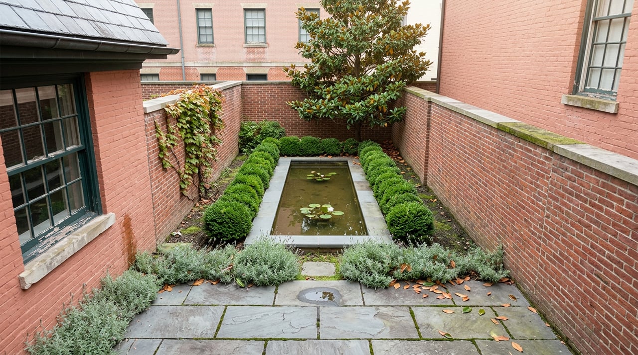Walled brick garden with a bluestone reflecting pool, clipped hedges, and a mature magnolia tree.