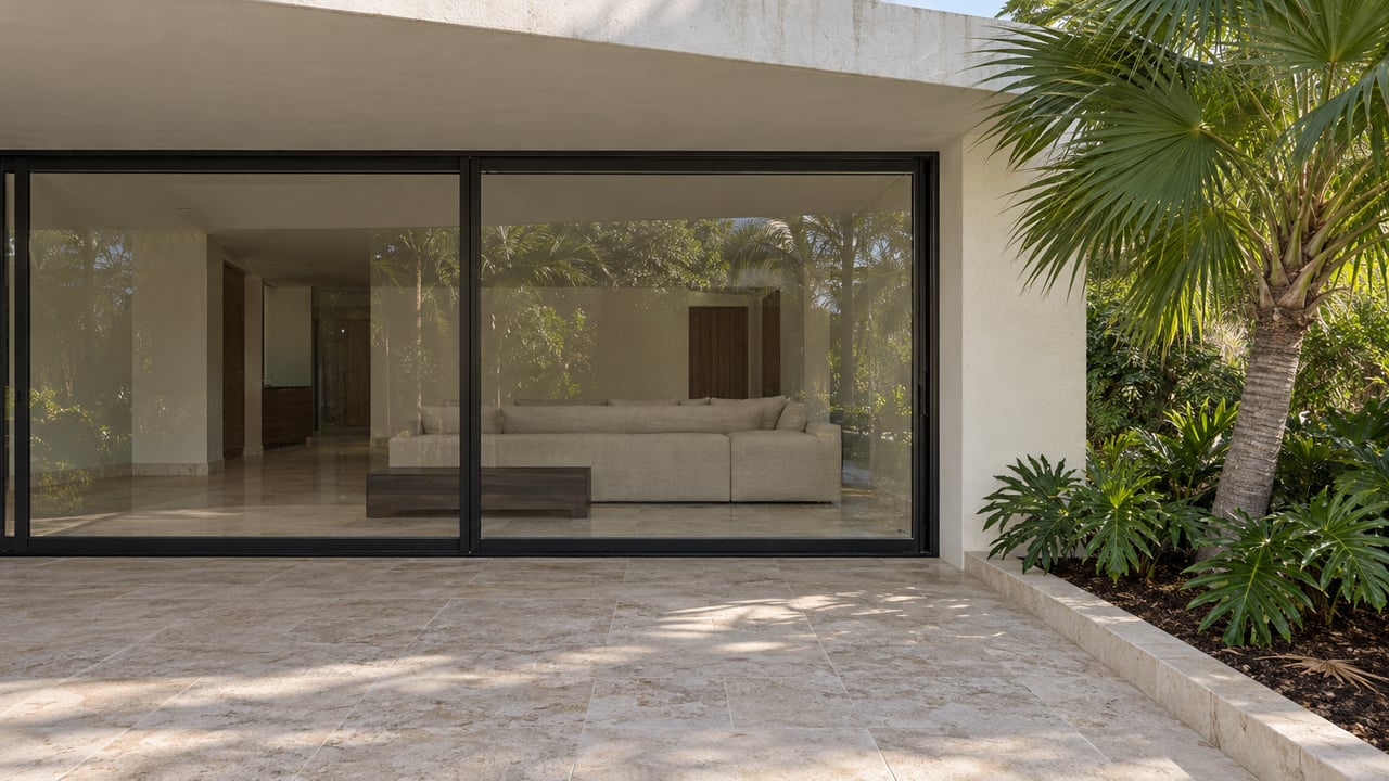 Covered limestone terrace outside a white stucco home with dark-framed glass doors, a linen sofa inside, and a single fan palm beside a raised stone edge.