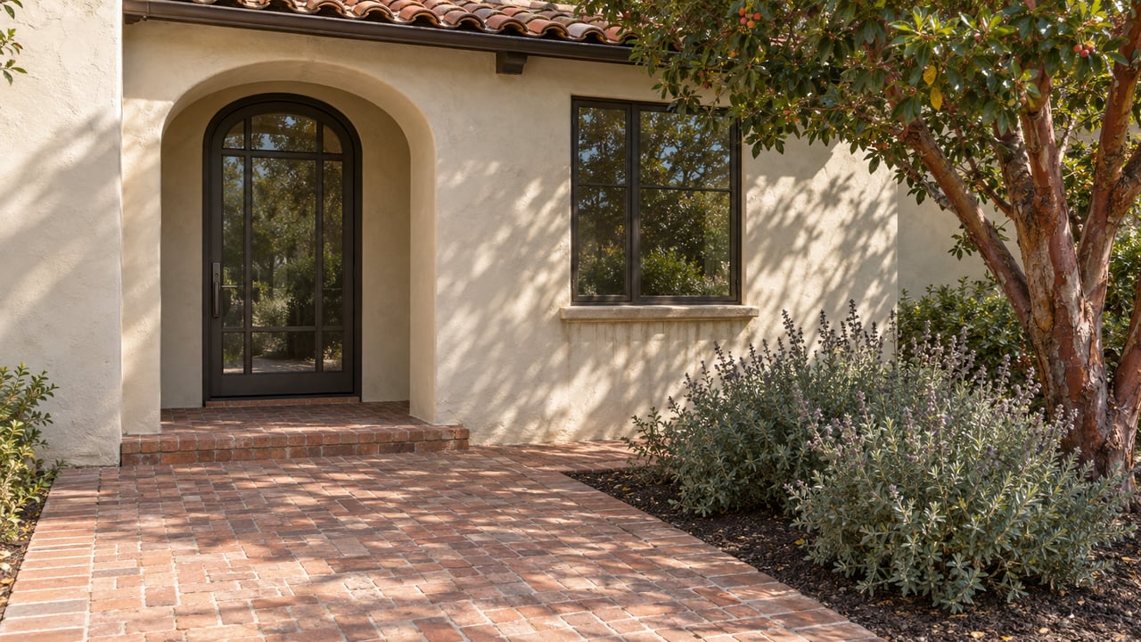 Cream stucco home entry with a closed arched glazed doorway, weathered brick approach and a sculptural strawberry tree.