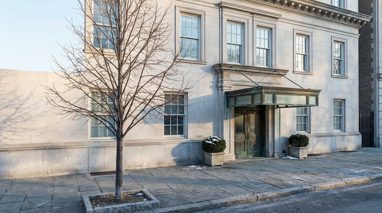 Prewar limestone residential building with a bronze-canopied entrance and bare linden beside the sidewalk.