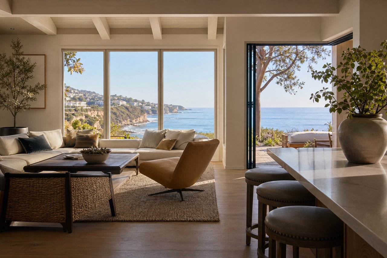 Coastal living room with ocean views through wide windows and an open folding glass door.