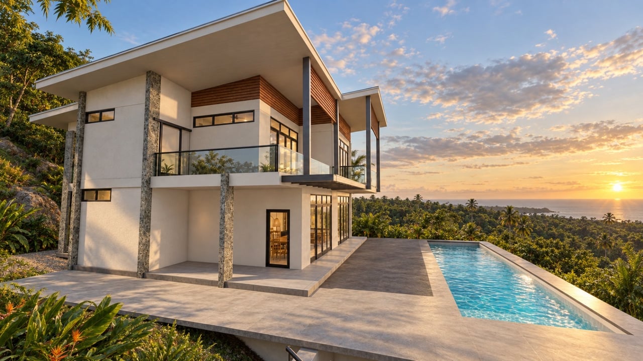 Modern two-story home with an infinity pool overlooking tropical forest and the ocean at sunset.