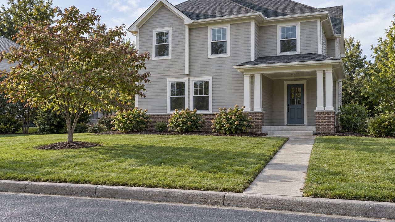 Light-gray gabled home with a deep front lawn, concrete approach and dogwood beside a recessed porch.
