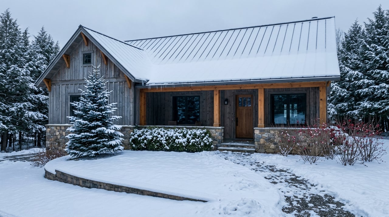 Snow-covered lodge with timber porch posts, gray cedar siding, stone walls, and a spruce beside the front lawn.
