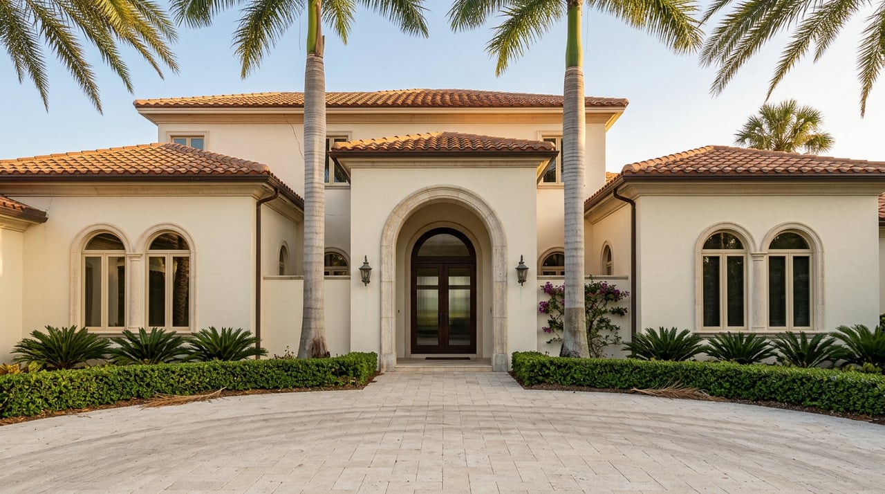 Cream-stucco estate with an arched entry, terracotta roof, royal palms, and a shellstone-paved motor court.