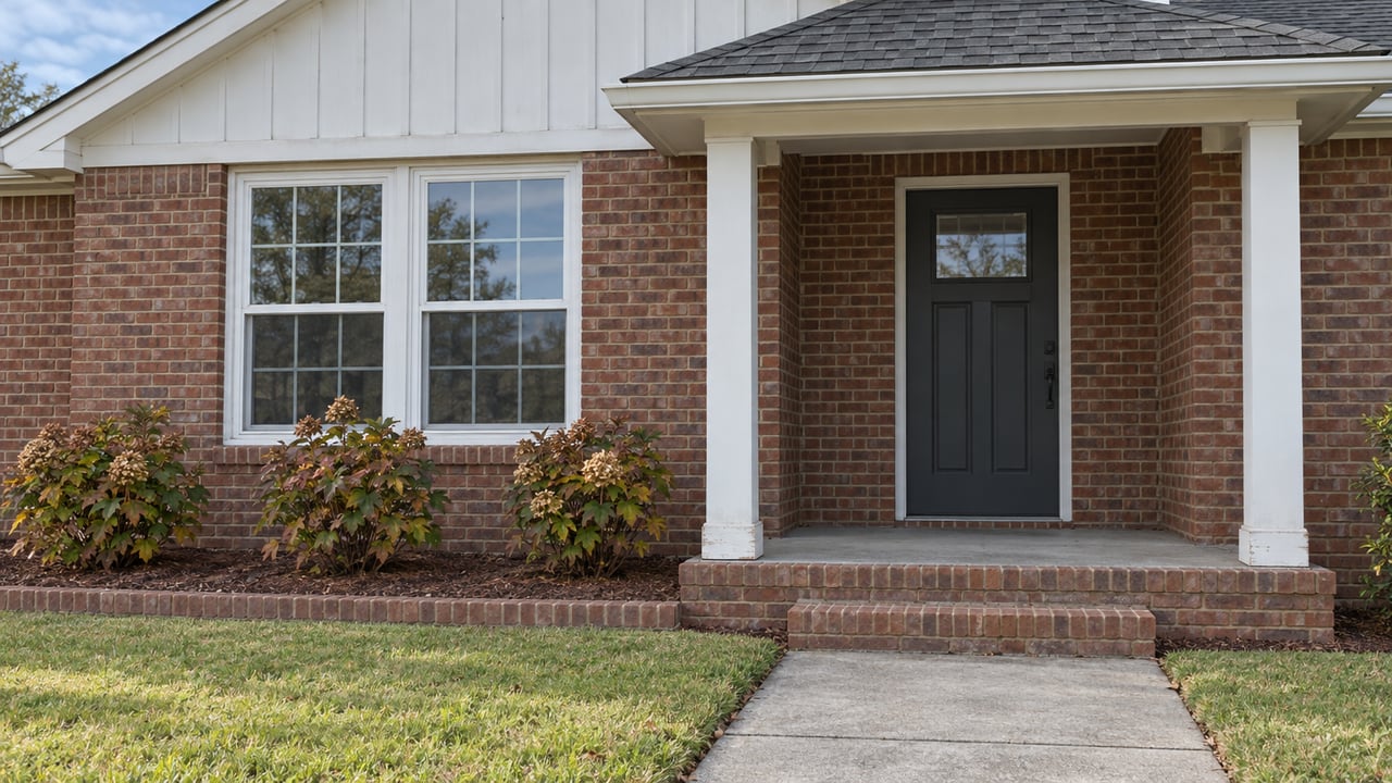 Brick-front home with a covered doorway, paired white windows, brick steps and a concrete walk beside oakleaf hydrangeas.