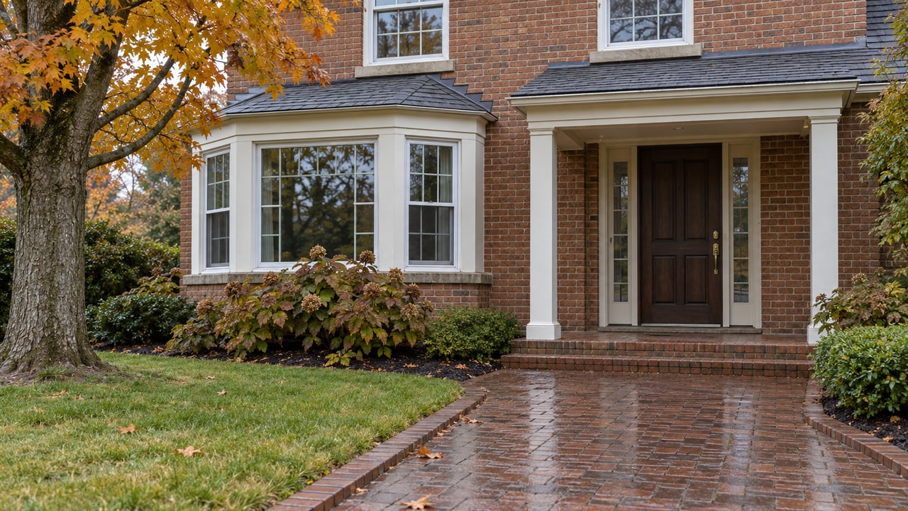 Traditional brick home with a recessed oak entry, white sash bay windows, damp clay-paver approach, and amber maple foliage.