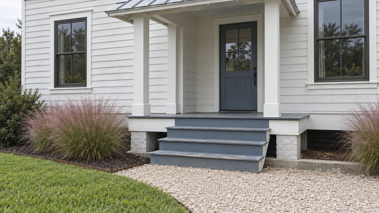 Raised white coastal house with slate-blue porch steps, two foundation piers, and a shell path beside planting
