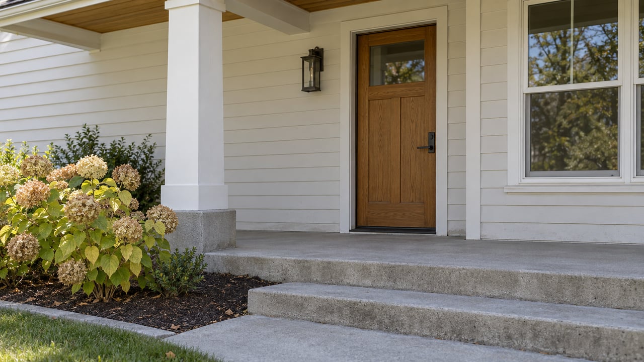 Close view of a covered front porch with a warm oak door, white siding, concrete steps and autumn hydrangea.