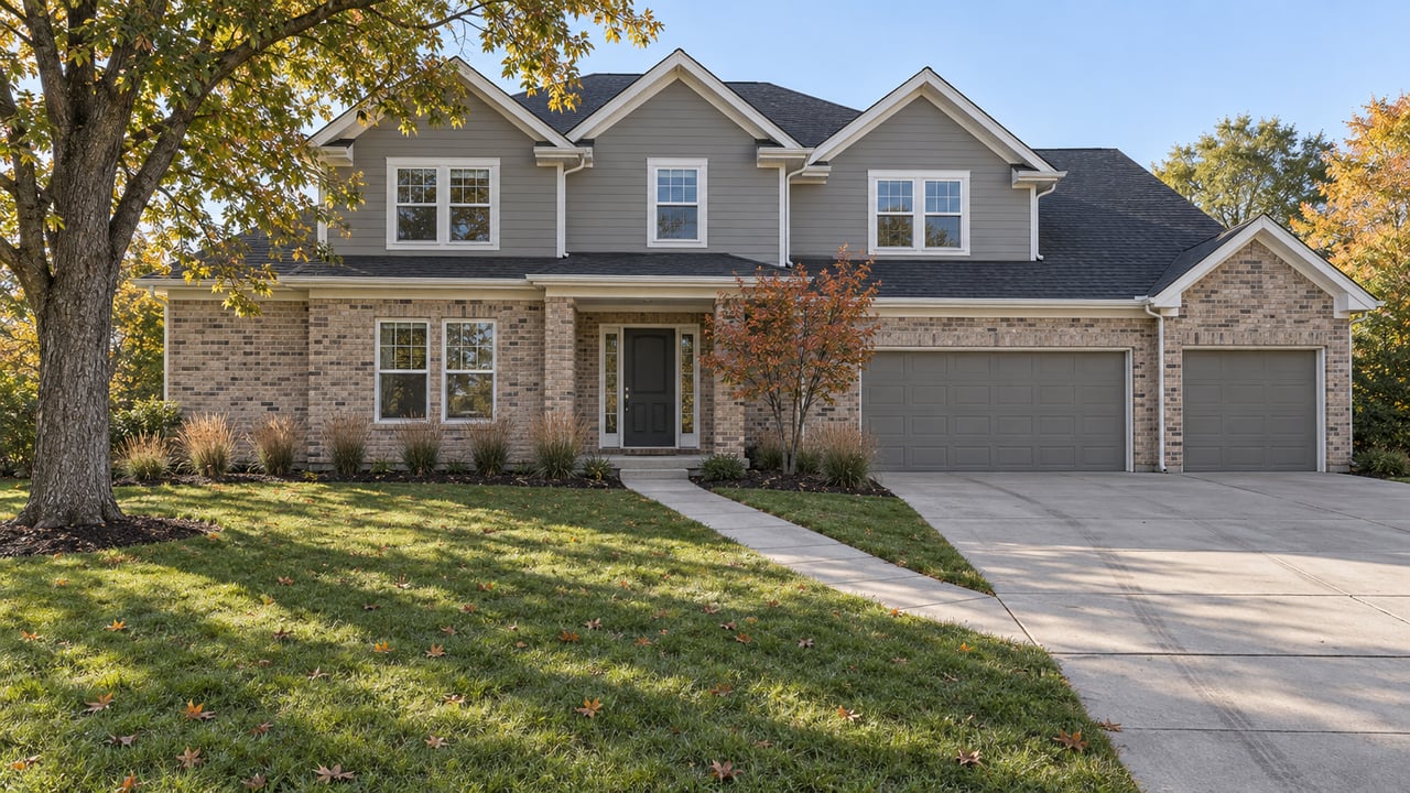 Brick and gray-sided two-story home with front gables, a three-car garage, and a deep autumn lawn beneath a mature oak.