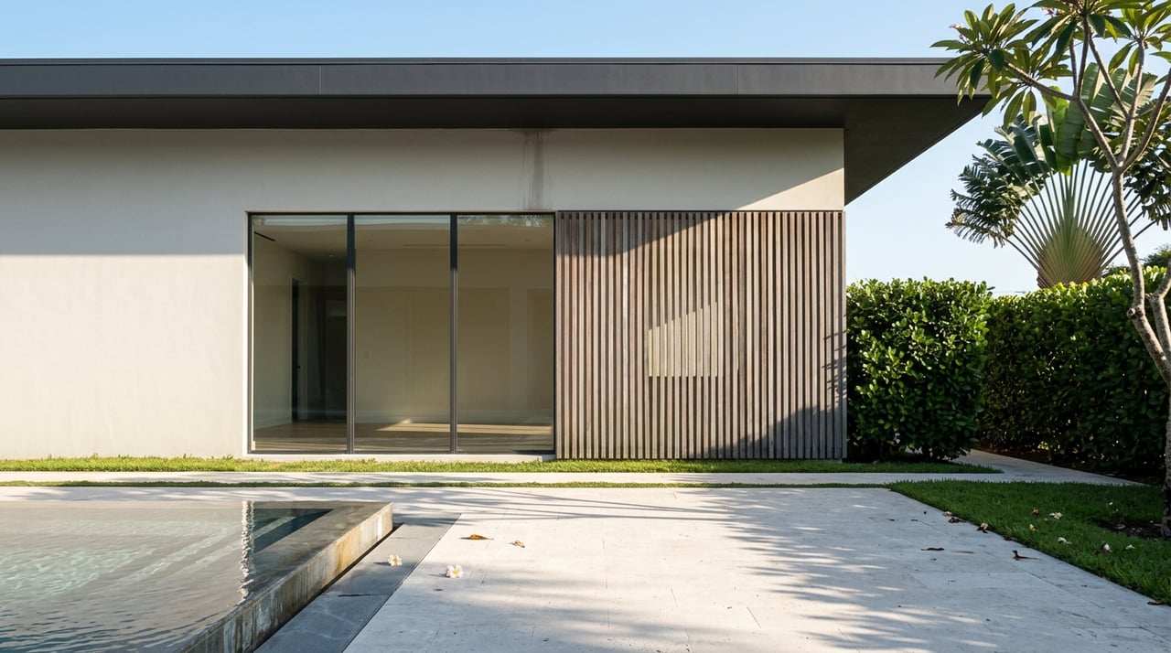 Modern stucco residence with glass doors and a weathered wood screen beside a travertine pool deck.