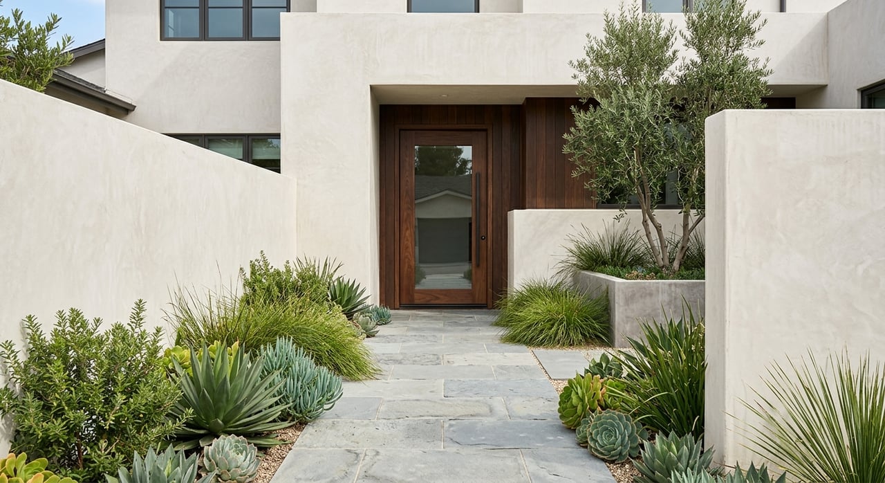 Recessed oak pivot door with a narrow sidelight, limestone pavers, and an olive tree in a charcoal planter.