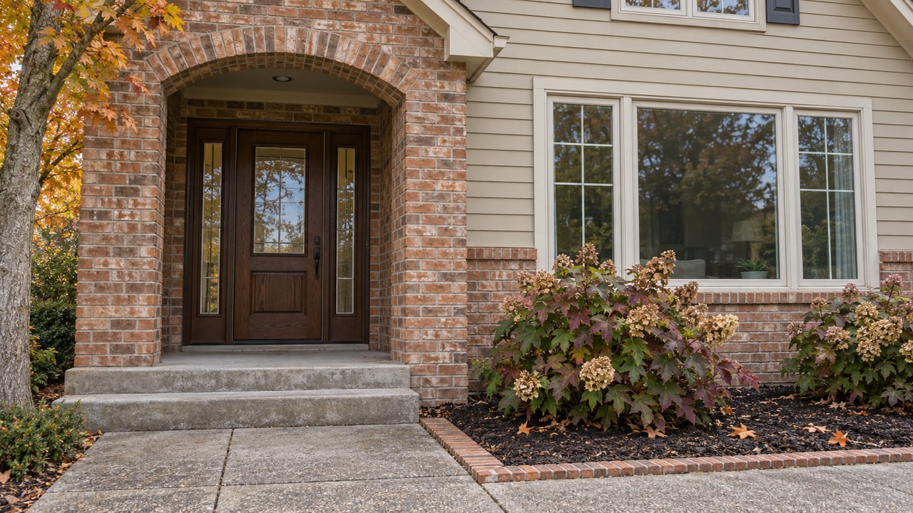 Brick arched entrance and cream-framed windows of a beige-sided home, with autumn hydrangeas beside a concrete approach.