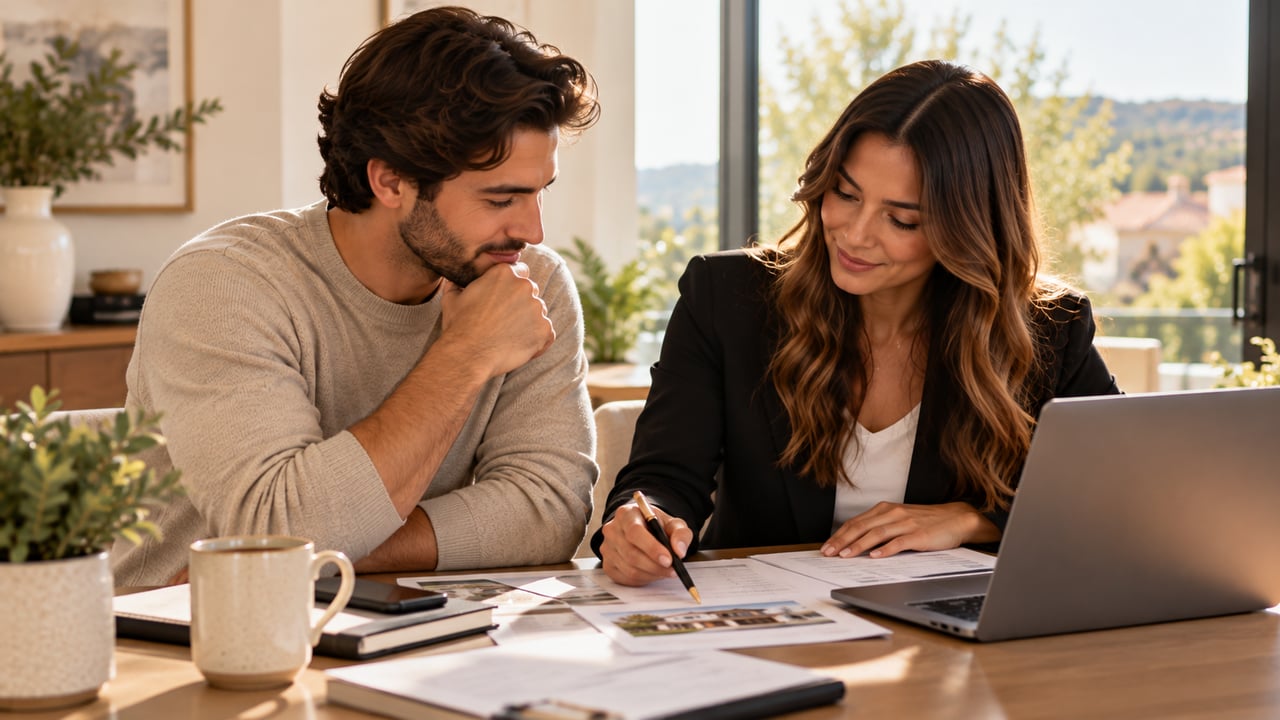 A woman and man review real estate paperwork together at a bright table beside a laptop.