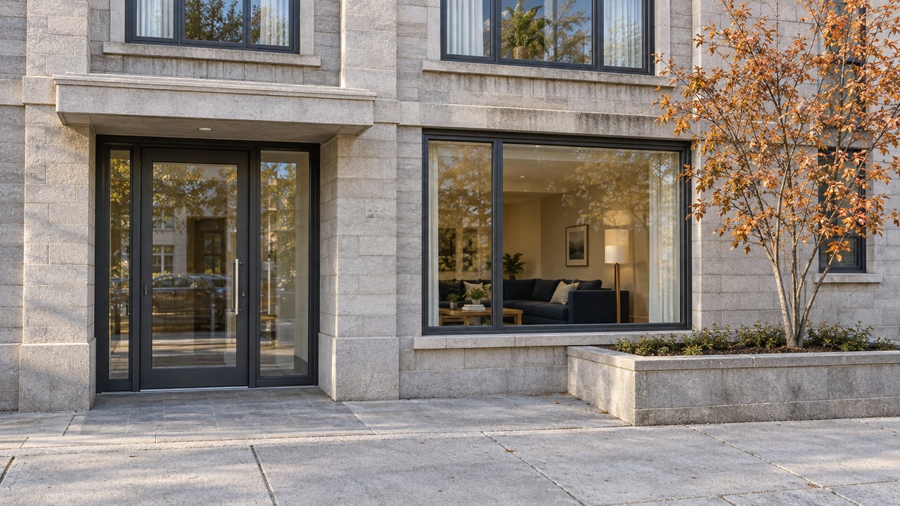 Updated apartment facade with charcoal window frames, a recessed glass entrance, and one copper-leaved serviceberry in a masonry planter.