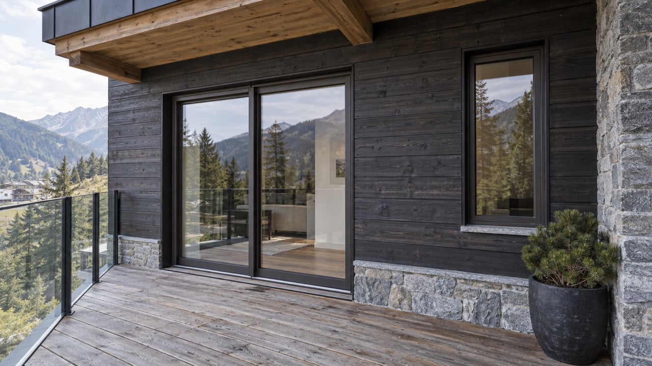 Condominium terrace with cedar siding, sliding glass door, stone return, and a potted dwarf pine.