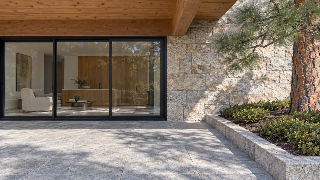 Sunlit granite terrace beside black-framed residential glazing, warm timber soffit and a stone-edged planting bed with a ponderosa pine.
