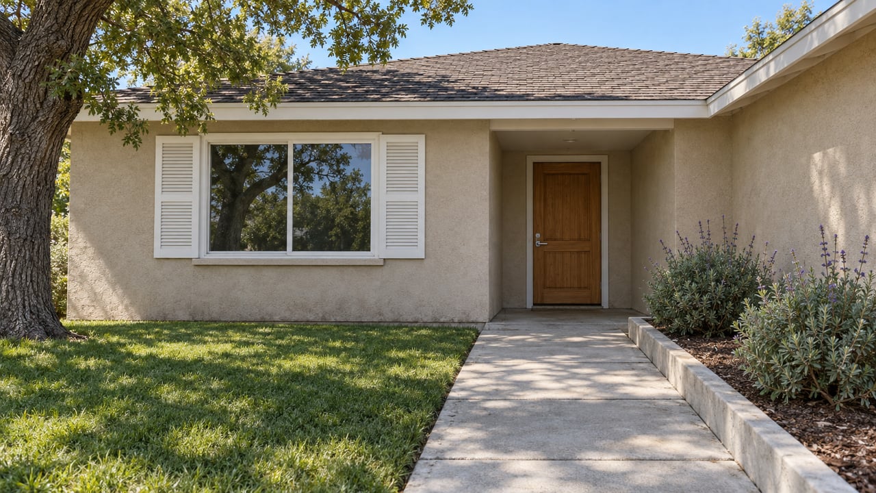 Sunlit stucco home with a recessed wood front door, white-shuttered window, concrete approach and carefully edged lawn.