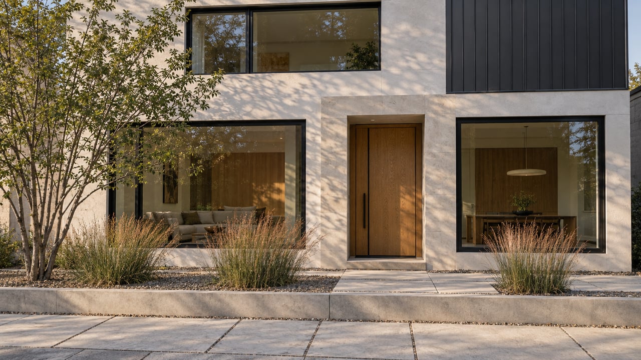 Urban infill home with pale limestone paving, oak entry door, charcoal siding, and a serviceberry tree.