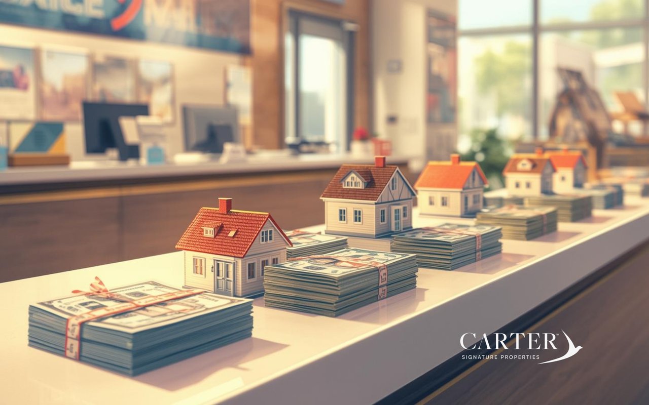 Miniature houses on stacks of cash lined up on a closing table in a modern real estate office, illustrating the financial structure of home buying and escrow accounts.