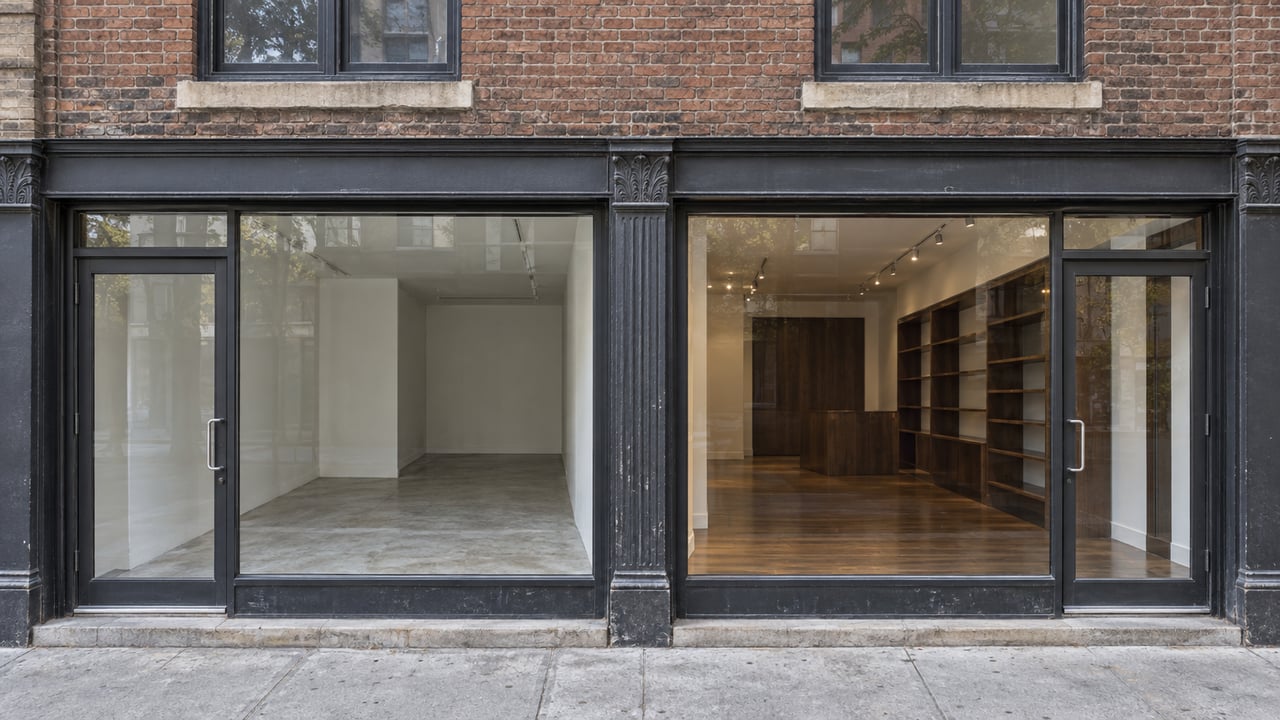 Two adjacent glass storefronts beneath red-brown brick: one empty, one with walnut shelving and wood flooring.
