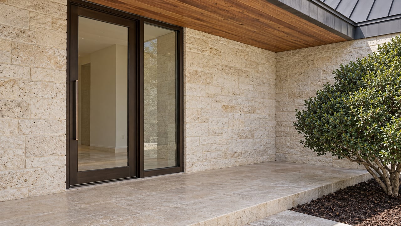 Close view of a limestone home entrance with cedar soffit, closed bronze-framed glass door and a raised stone terrace beside a yaupon holly.