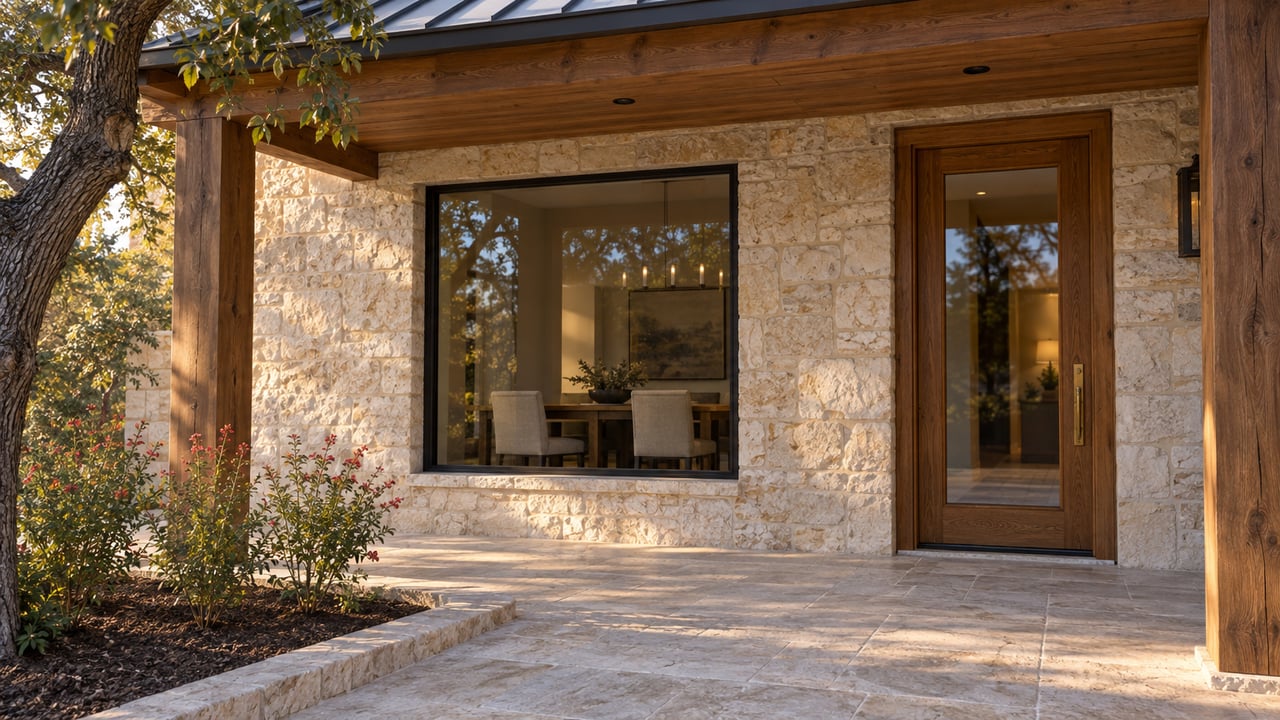 Warm evening light across a limestone home's timber-covered porch, glazed oak entry and small flowering planting bed.