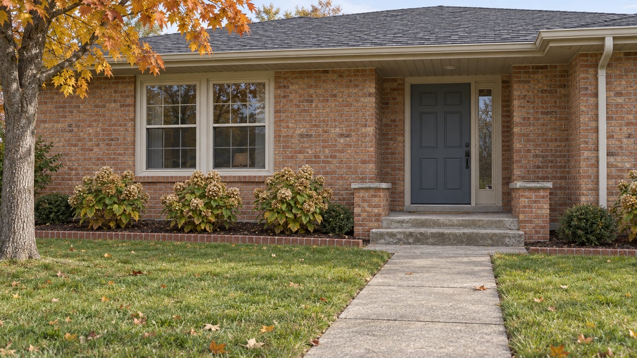 Autumn light on a brick home's slate-blue front door, broad window, concrete steps, and lawn-lined walk.