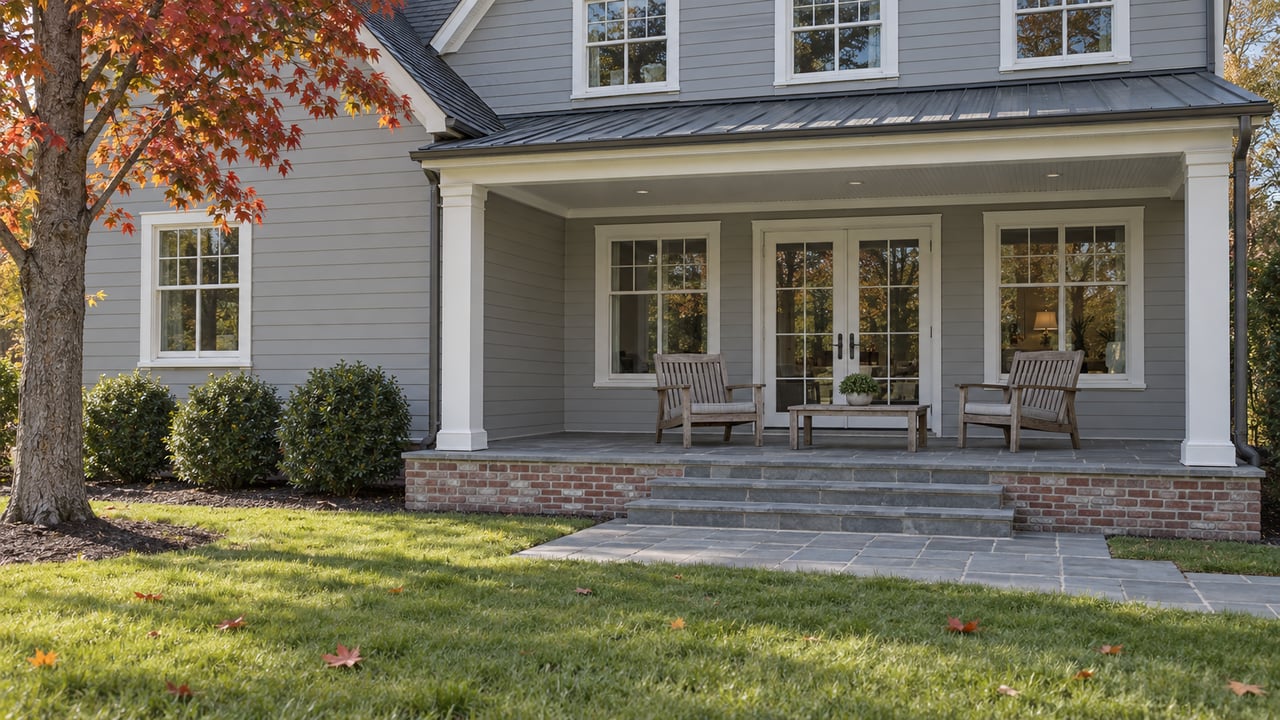Gray lap-sided home with a covered stone porch, white-trimmed windows, teak chairs, and an autumn lawn.