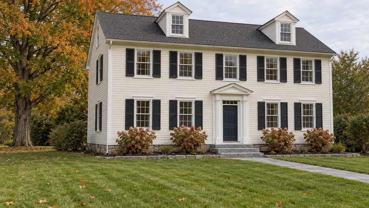 Ivory clapboard home with black shutters, a navy entry door, broad lawn and an amber-leaved maple.