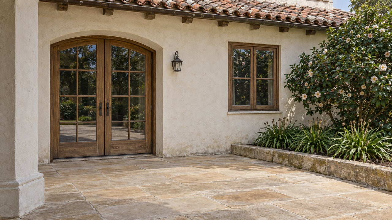 Weathered cream stucco estate terrace with clay roof tiles, paired oak-framed glass doors, sandstone paving and a camellia planting bed.