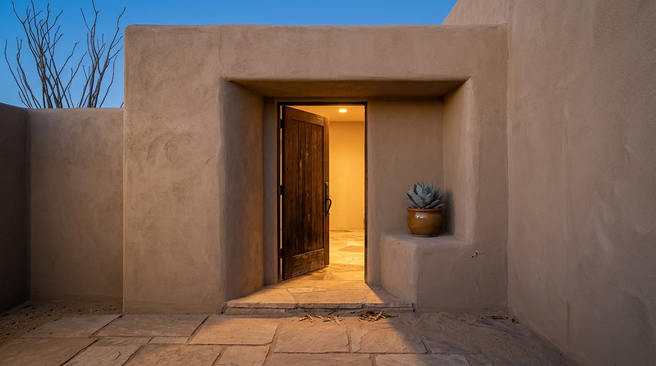 Open mesquite door glowing warmly in a stucco courtyard, beside a potted agave and stacked flagstone.