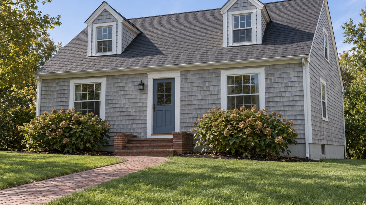 Gray shingled home with two dormers, a blue front door, brick entry steps and a lawn bordered by oakleaf hydrangeas.