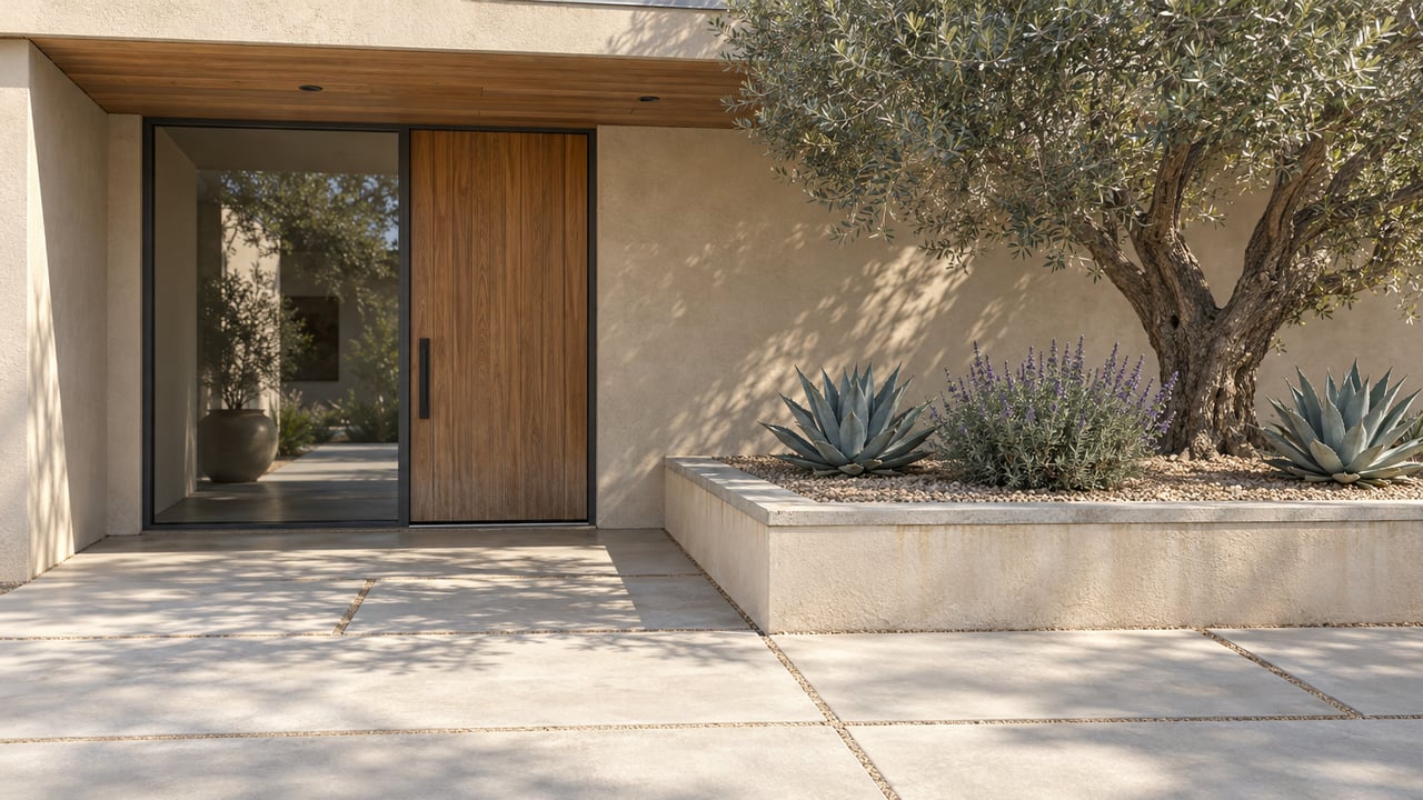 Sunlit stucco home entrance with a cedar door, glass sidelight, concrete approach and raised planter containing an olive tree, agaves and sage.