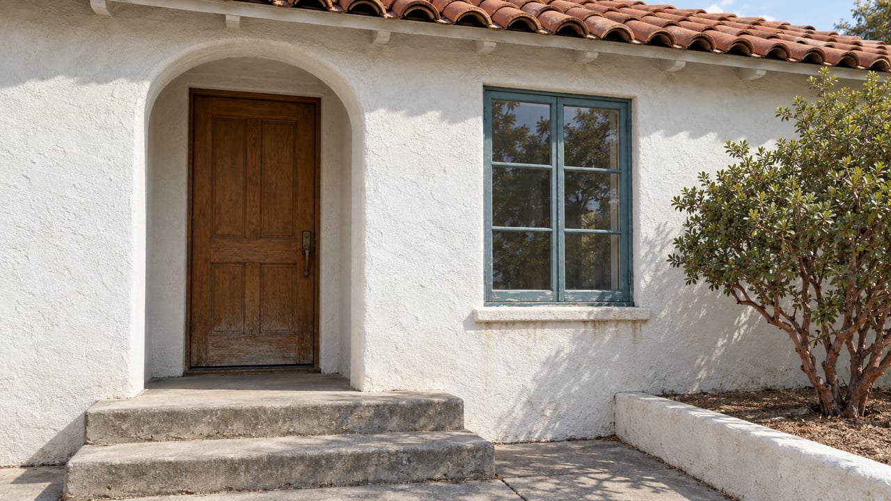 Close view of a white stucco home with a recessed arched oak door, blue-green window trim, terracotta roof tiles, and worn concrete steps.
